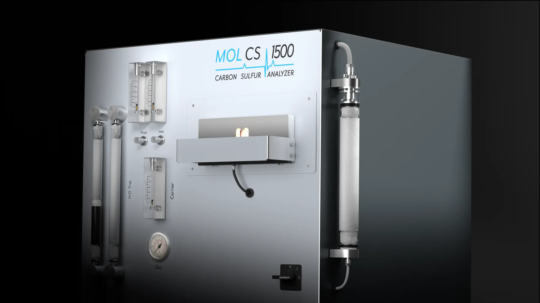 Mol CS1500 Elementaranalysator, Detailansicht der Frontblende mit Durchflussmessern und glühendem Ofen